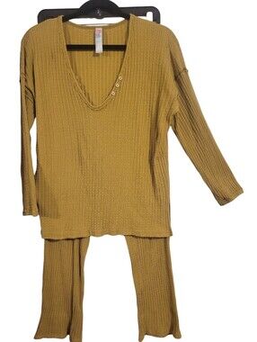Free People Beach Ribbed Waffle Knit Matching 2pc Set Sz L Deep Mustard Yellow